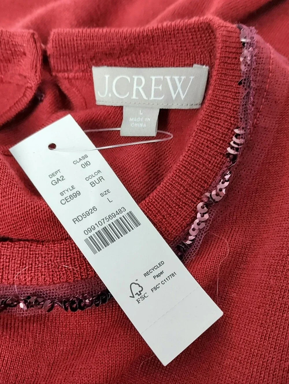 New J. Crew Merino Wool Carolyn Embellished Crewneck Sweater Red Large